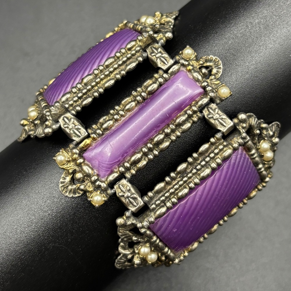 Vintage Chunky Wide Mid Century Bracelet Purple Molded Lucite Faux Pearl READ